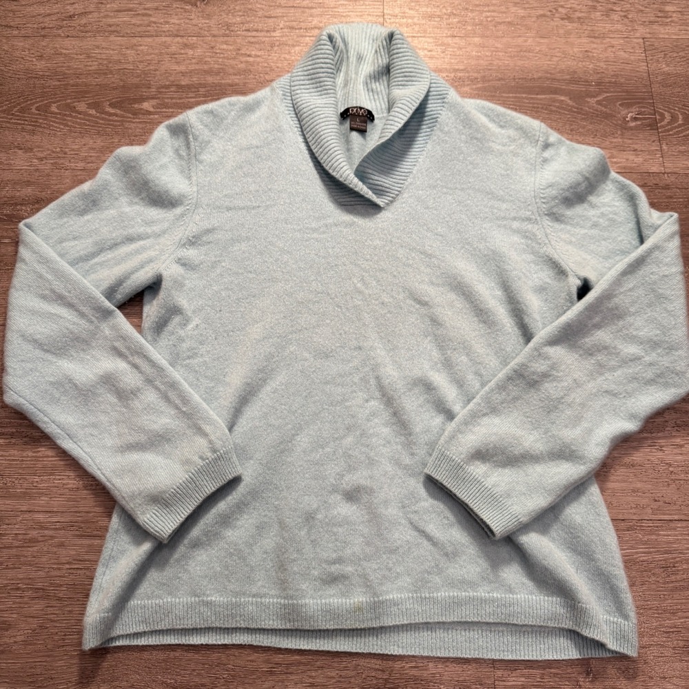 Prive‎ Sweater Womens L Blue 100% Cashmere Shawl Collar V-Neck Pullover Luxury